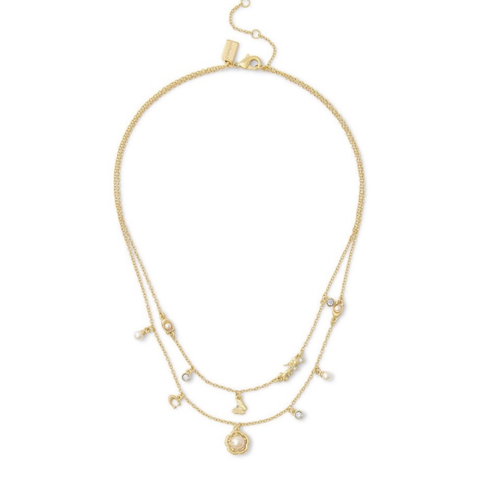 Coach Signature Faux Stone Tea Rose Cultivated Pearl Layered Necklace NWT